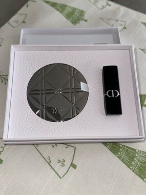 Dior Silver Compact and Lipstick Set